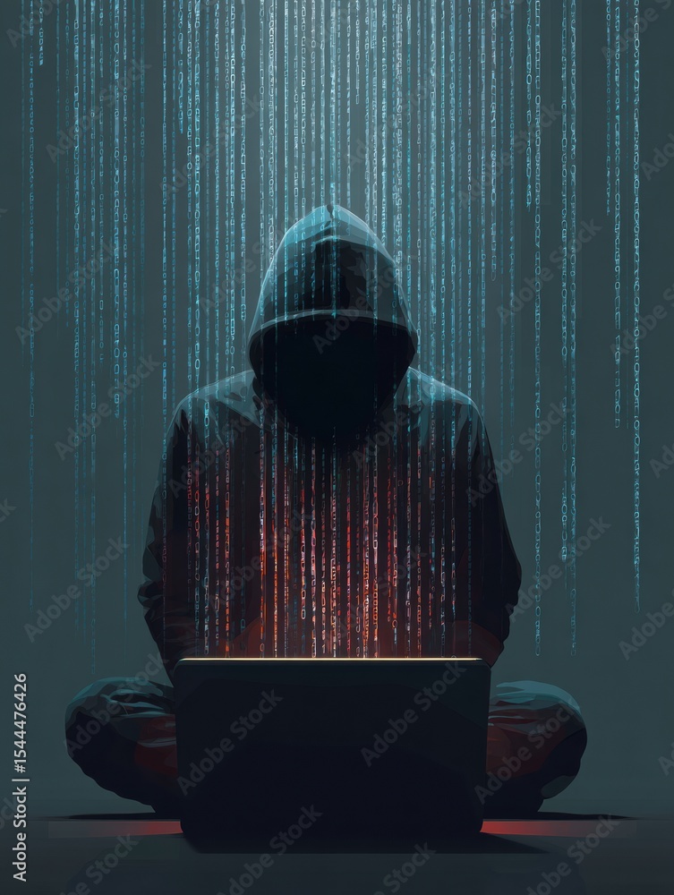 Aufkleber Data Breach Response Steps Illustrated Through a Figure Engaged in Computer Activity Under a Cascading Digital Code Backdrop