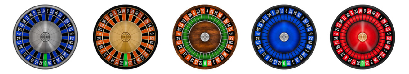 flat lay top view set of metal wood black blue red European casino roulette wheel cutout 3d element