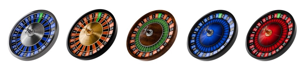 flat lay top view set of metal wood black blue red European casino roulette wheel cutout 3d element