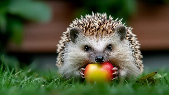 Adorable hedgehog with spiky fur is holding a small red apple in its mouth while sitting on lush green grass, showcasing a charming and playful wildlife moment in a natural setting