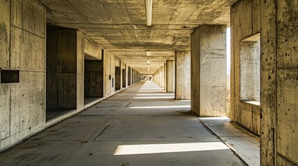Obraz premium A long, narrow, concrete hallway with large pillars on both sides, leading to a distant light at the end.