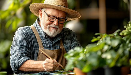 Elderly Artist Painting with Brush, Wearing Straw Hat and Apron,