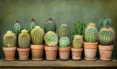 Diverse Cactus Collection in Terracotta Pots Against a Textured