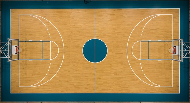Overhead View of a Basketball Court  Game Lines, Hoops, and Center Circle
