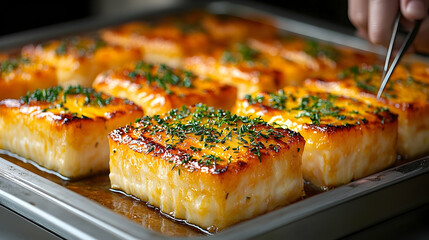 Golden Baked Fish Fillets with Herb Garnish, Close Up