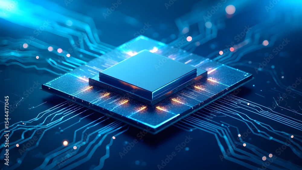 Poster futuristic computer processor circuit board illustrating technology and innovation