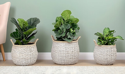 Three potted plants in woven baskets against a pale green wall