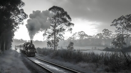 Steam Train Journey Through Misty Dawn Landscape