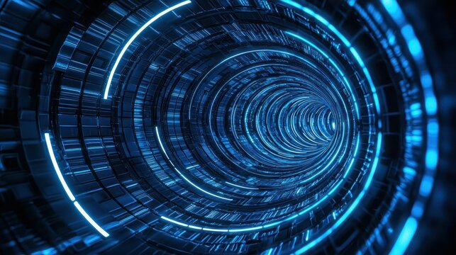 A futuristic, glowing blue tunnel with a circular pattern, illuminated by neon lights, leading into the darkness.