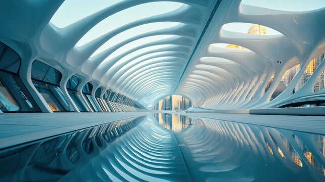 A futuristic, modern architectural structure with a curved, white, glass exterior and a reflective floor.
