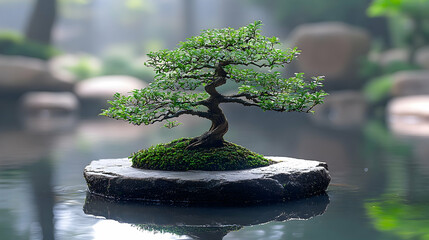 Serene Bonsai on a Stone Island in a Pond