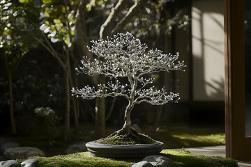 Elegant bonsai tree with delicate white buds in a serene garden