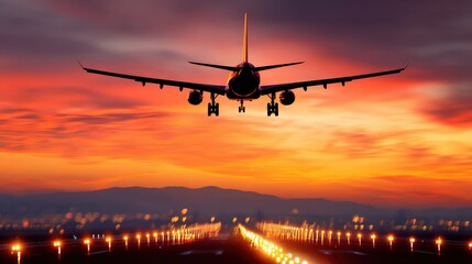 A commercial airplane approaches a runway at sunset, with a vibrant orange and purple sky and city lights glowing in the distance.