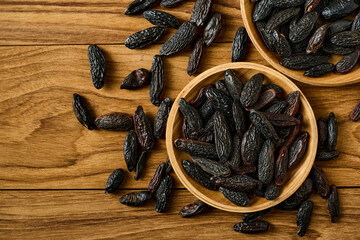 flat lay top view pile of tonka bean in wood bowl on wooden table rustic background with copy space