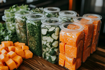 Glass Jars of Prepped Vegetables and Salmon Cubes