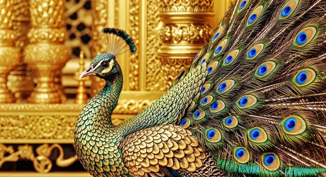 Golden Peacock: Opulent Bird Amidst Sparkling Gold Accents