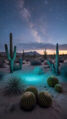 Desert cacti illuminated at night under the Milky Way galaxy