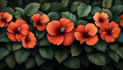 Vibrant hibiscus blooms amidst lush, dark green foliage, creatin