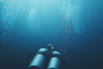 Diver's Perspective: Ascending Through Azure Waters with Bubbles