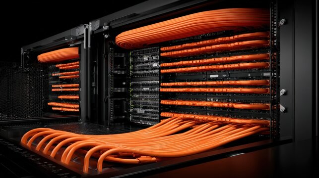 High-tech server rack with organized bright orange fiber optic cables neatly connected for data transmission in a data center environment. - Powered by Adobe