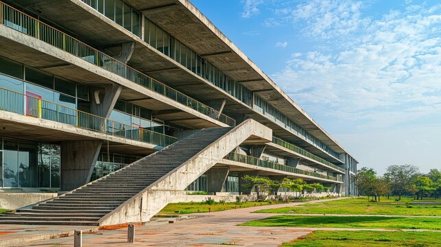 A modern, multi-story building with a glass facade and concrete structure, featuring a large, open atrium with a grassy lawn and trees in the foreground.
