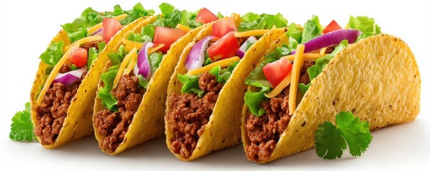 Four hard-shell tacos filled with seasoned ground beef, lettuce, tomato, cheese, and onions, garnished with cilantro on a white background.