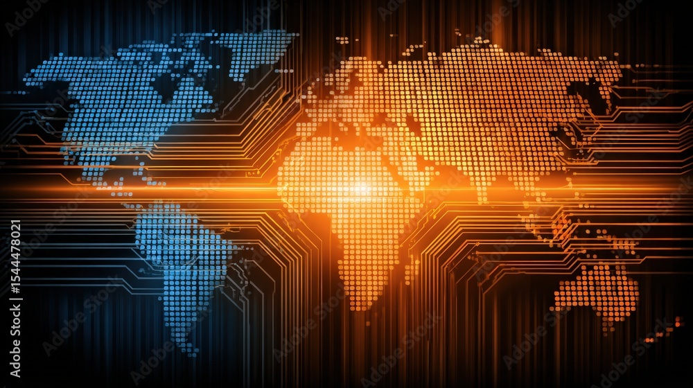 Poster digital world map with glowing blue and orange dots connected by circuitry lines, symbolizing global
