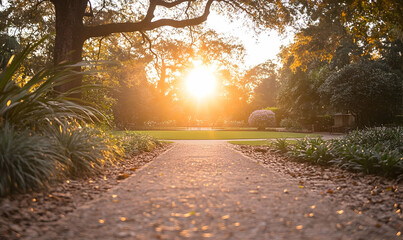 Golden Sunset Path Through Serene Botanical Garden