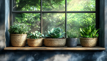 Sunlit Windowsill with Assorted Plants in Woven Baskets
