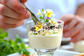 Delicate Dessert Parfait with Edible Flowers and Chocolate
