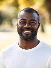Fototapeta premium Portrait of a happy, smiling Black man enjoying a sunny day outside.