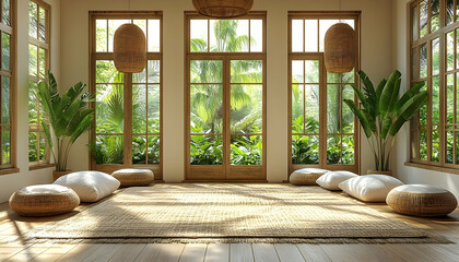 Serene Interior with Tropical View, Woven Accents, and Natural L
