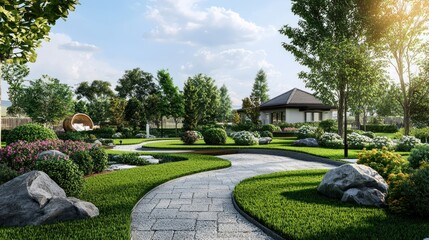 Obraz premium A serene garden scene with a winding path, lush green grass, and a variety of trees and shrubs.