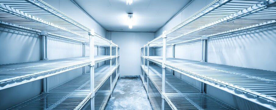 Empty walk-in cold storage room with metal wire racks and bright overhead lighting.