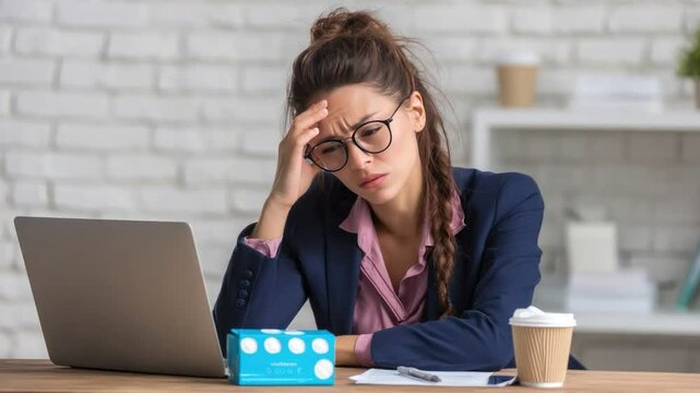 Overwhelmed Woman in Office: A person, looking burdened and strained, rests her head, a palpable sense of stress amidst the backdrop of a busy office setting.
