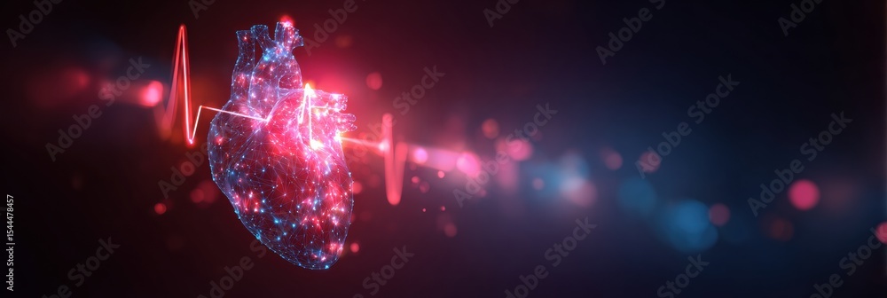 Poster glowing heart with racing pulse graph in abstract space representing vitality and energy