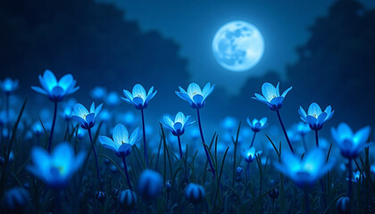 Naklejka premium A captivating image of vibrant blue flowers illuminated by moonlight.