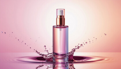 Splash effect with water drop against bright background and close-up of spray bottle.