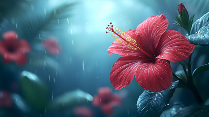 Crimson Hibiscus Bloom in Gentle Rain, Teal Leaves and Soft Focu