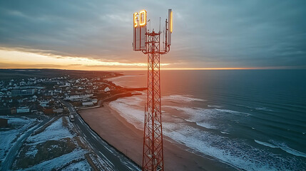 Coastal Cell Tower at Sunset with Illuminated Signage Overlookin