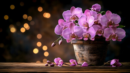 Orchid Bloom in Rustic Pot with Bokeh Lights on Wooden Surface