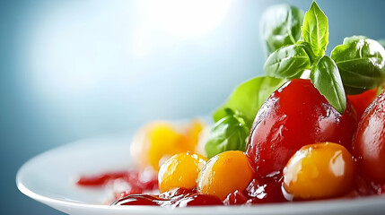 Glazed Tomatoes with Basil: A Culinary Still Life on White Plate