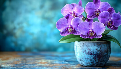 Vibrant Purple Orchids in a Textured Blue Pot Against a Soft Bac