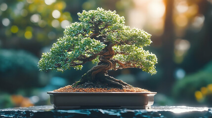Serene Bonsai Tree with Twisted Trunk and Lush Green Leaves in S
