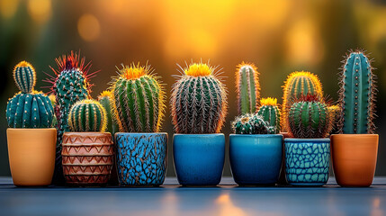 Cactus Collection in Colorful Pots Bathed in Golden Light