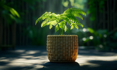 Lush Fern in Woven Basket, Bathed in Sunlight, Against Dark Gree