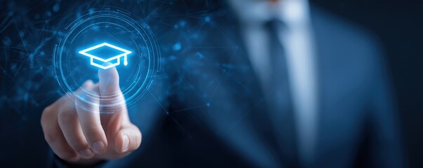 A businessman interacts with a digital interface displaying a glowing graduation cap icon, symbolizing education and technology integration.