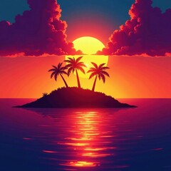 Fototapeta premium Tropical island silhouettes, palm trees on sunset backdrop, horizon, ocean view, vacation