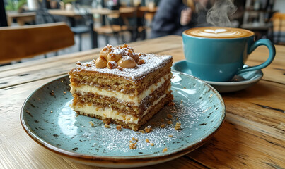 Delicious Cake and Latte: A Cozy Cafe Scene with Steaming Coffee