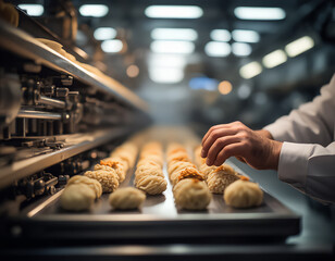Worker arranging ready meals on industrial food packaging line